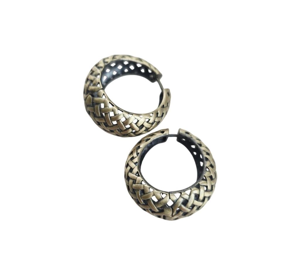 AMEDEO Basketweave Big Hoop Earrings Signed Brass Antiqued